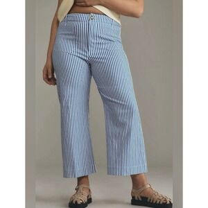 Anthropologie Maeve Colette Ankle Crop Linen Wide Leg Pants Blue White Stripe 31